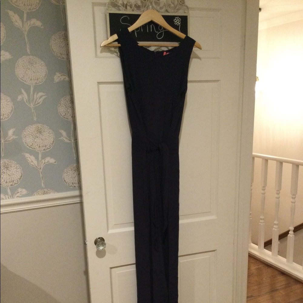 Long navy sleeveless jumpsuit w tie belt, sz 10 L